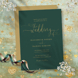 Moderne Smaragd-Gold-Herzen-Kalligrafie-Hochzeit Einladung