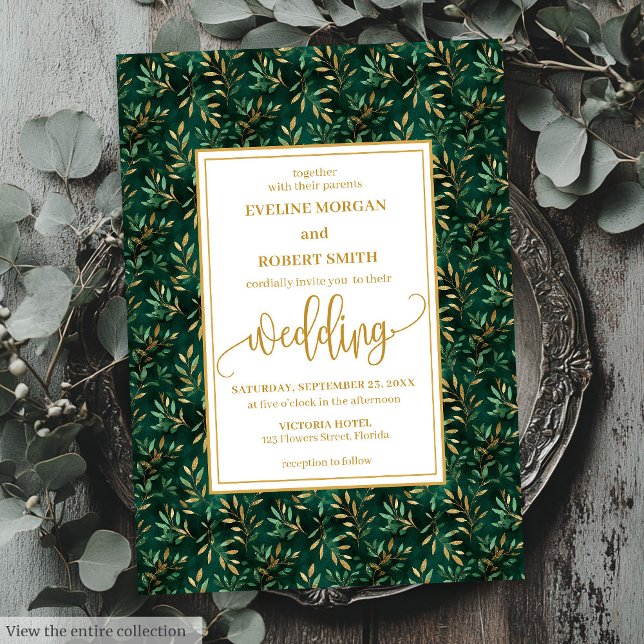Moderne Smaragdgoldene Grüne Einladung zur Hochzei (Modern Emerald Gold Greenery Wedding Invitation)