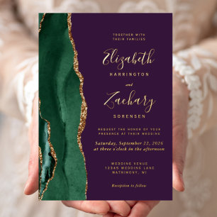 Moderne Smaragdgrün Gold Achat Lila Hochzeit Folieneinladung