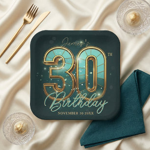 Moderne Smaragdgrün-Gold-Typografie 30. Geburtstag Pappteller