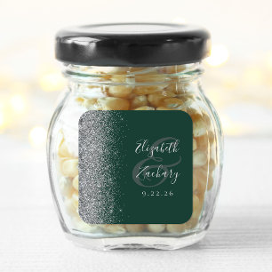 Moderne Smaragdgrün Silber Glitter Rand Hochzeit Quadratischer Aufkleber