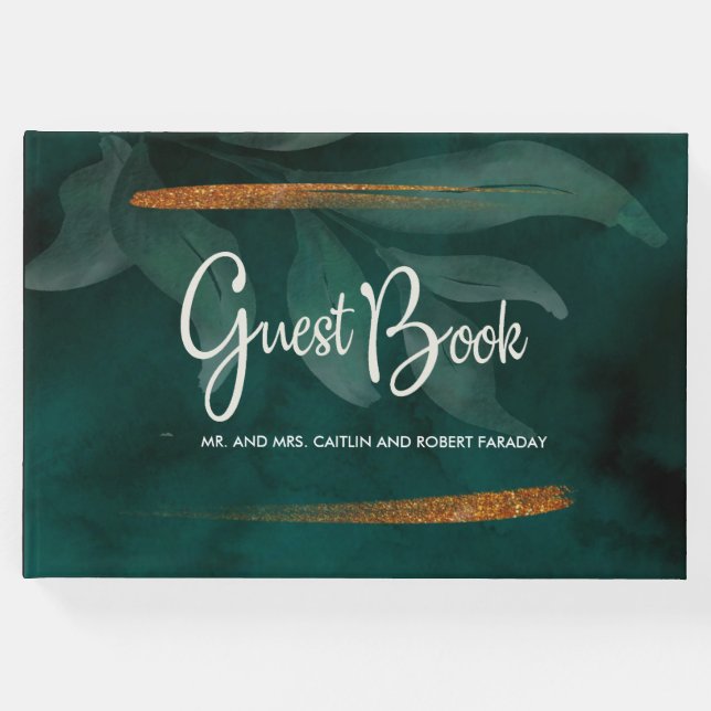 moderne Smaragdgrün und Blätter Gästebuch (Vorderseite)
