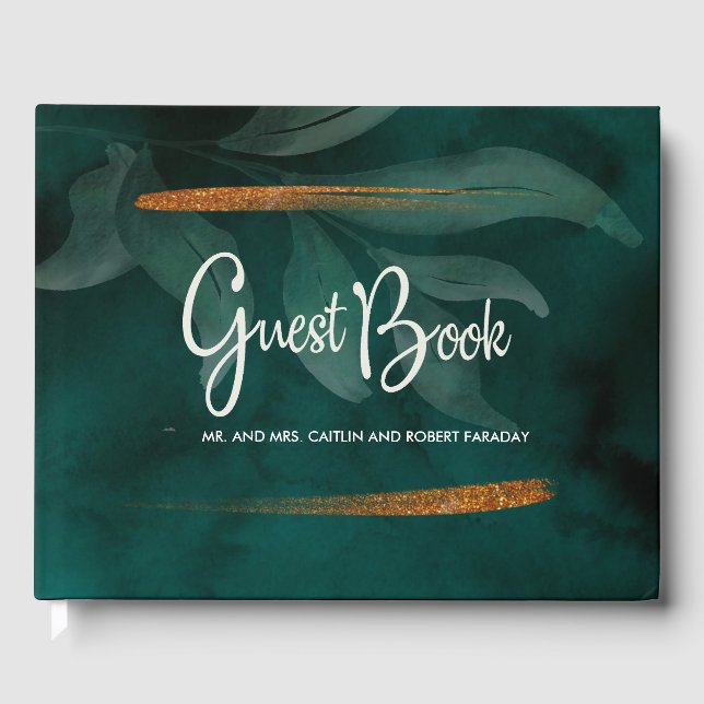 moderne Smaragdgrün und Blätter Gästebuch (Vorderseite)