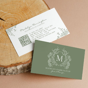 Moderne Smaragdgrüne Florale Wappen-Monogramm-QR-C Visitenkarte