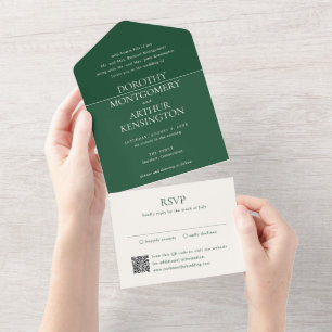 Moderne Smaragdgrüne QR-Code Elegante Hochzeit All In One Einladung