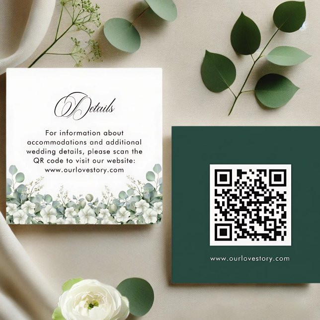 Moderne Smaragdgrüne QR Code Hochzeitsdetails Begleitkarte (Von Creator hochgeladen)
