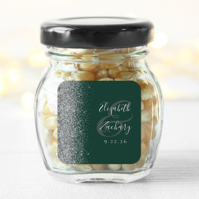 Moderne Smaragdgrüne Silver Glitzer Edge Wedding Quadratischer Aufkleber (Von Creator hochgeladen)