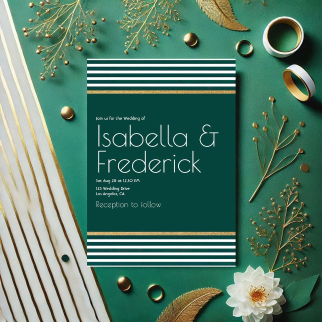 Moderne Smaragdgrüne, weiße und goldene Hochzeit Einladung (Modern Emerald Green, White and Gold Wedding Invitation)