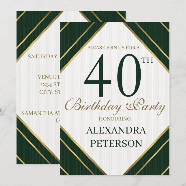 Moderne Smaragdweiße und goldene Streifen zum Gebu Einladung (Vorne/Hinten)
