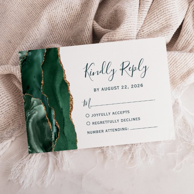 Moderne Smarald Gold Agate Green Script Hochzeit RSVP Karte (Von Creator hochgeladen)