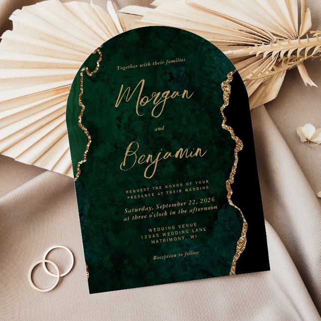 Moderne Smarald Green Agate Script Arch Wedding Einladung (Von Creator hochgeladen)