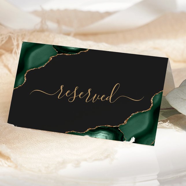 Moderne Smarald Green Gold Agate vorbehalten Hochz Platzkarte (Von Creator hochgeladen)