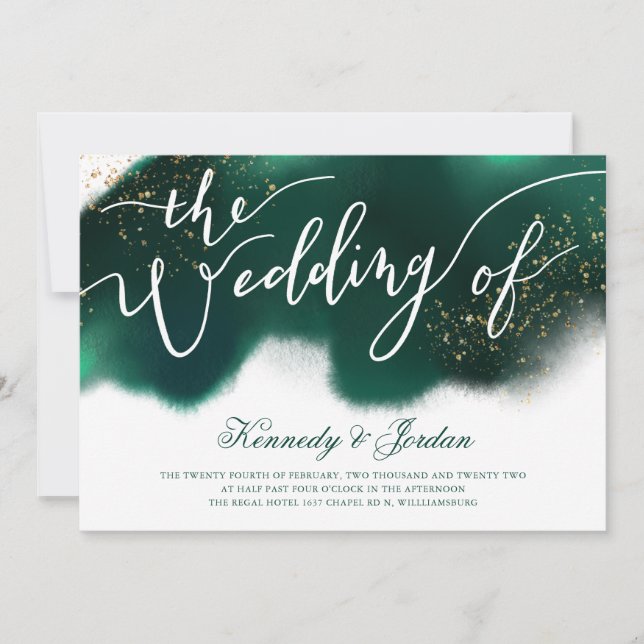 Moderne Smarald Green Gold Script Wedding Einladung (Vorderseite)