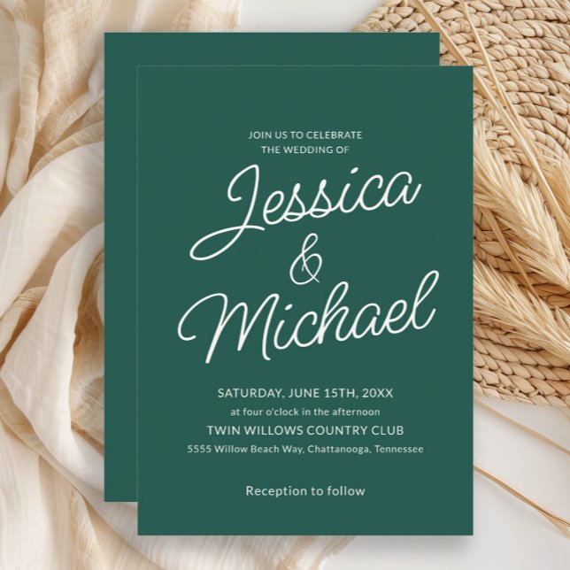 Moderne Smarald Green Ivory Script Hochzeit Einladung (Emerald green wedding invitation)