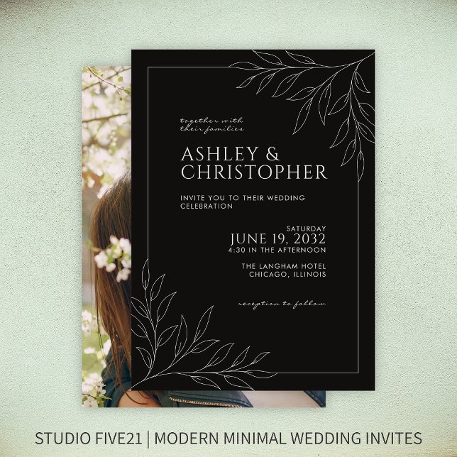 Moderne Smokey Black Foliage Kontur Foto Hochzeit Einladung (Von Creator hochgeladen)