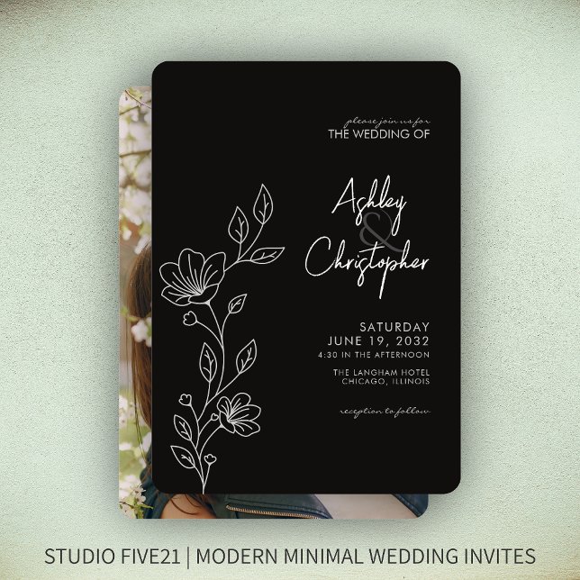Moderne Smokey Black Foliage Kontur Foto Hochzeit Einladung (Von Creator hochgeladen)