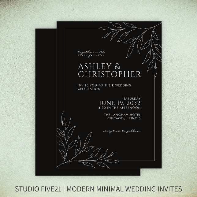 Moderne Smokey Black Foliage Kontur Hochzeit Einladung (Von Creator hochgeladen)