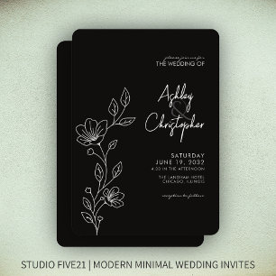 Moderne Smokey Black Foliage Kontur Hochzeit Einladung