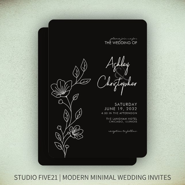 Moderne Smokey Black Foliage Kontur Hochzeit Einladung (Von Creator hochgeladen)