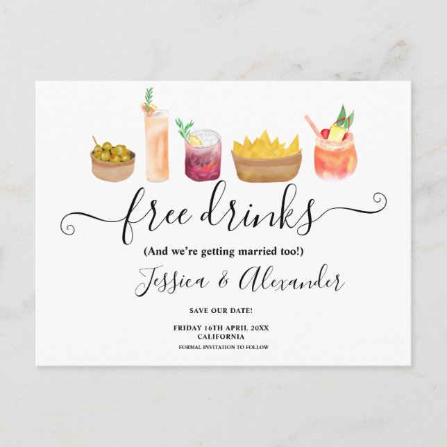 Moderne Snacks Cocktails Aquarell Save the Date Postkarte (Vorderseite)