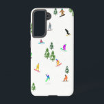 Moderne Snowboarding-Illustration Samsung Galaxy Hülle<br><div class="desc">Coole skurrile Illustrationskunst von bunten Snowboardern,  Snowboarden in Bergen zwischen Kiefern,  Fichten und Kiefern auf frischem Schneemulver. Snowboard und Xmas Outdoor Sport in einem Winterwald. Snowboarder Geschenke. Snowboard-Design für ihn</div>