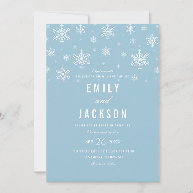 Moderne Snowflake Blue Wedding Einladung (Vorderseite)
