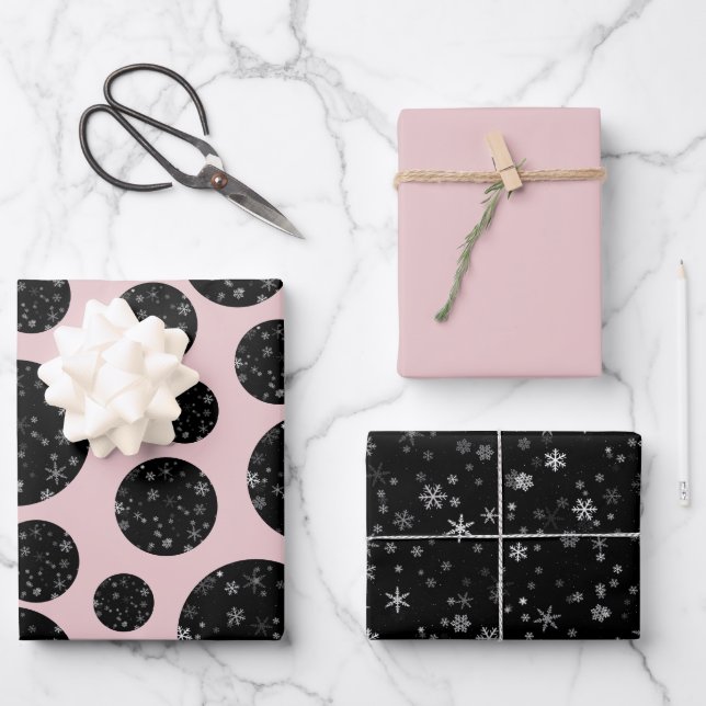 Moderne Snowflake Schwarz Pink Muster Weihnachten Geschenkpapier Set (Vorderseite)