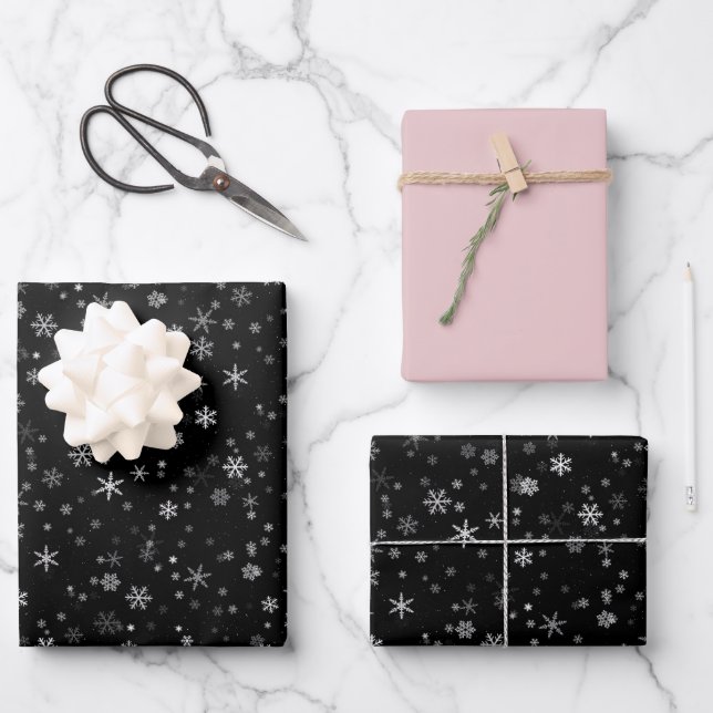 Moderne Snowflake Schwarz Pink Muster Weihnachtsfe Geschenkpapier Set (Vorderseite)