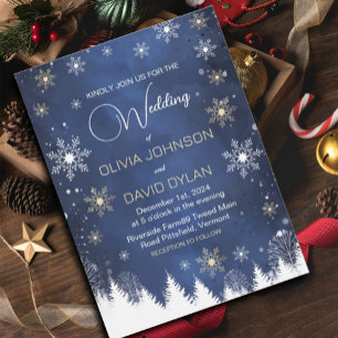 Moderne Snowflake Winter Navy und Gold Wedding Einladung
