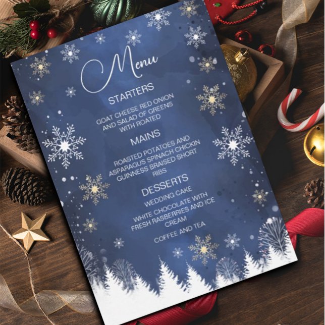 Moderne Snowflake Winter Navy und Gold Wedding Einladung (#menu #zazzlemade #Christmas #holiday #flyer #holidayflyer #menucard #snowflakes #navyblue #gold)