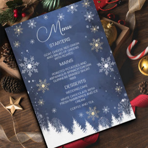 Moderne Snowflake Winter Navy und Gold Wedding Menükarte