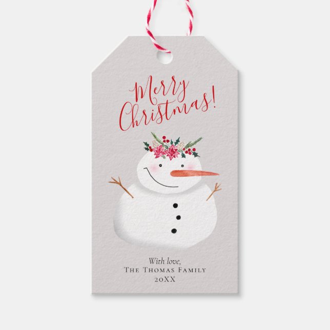 Moderne Snowman Weihnachtskranz und Goldene Famili Geschenkanhänger (Vorderseite)