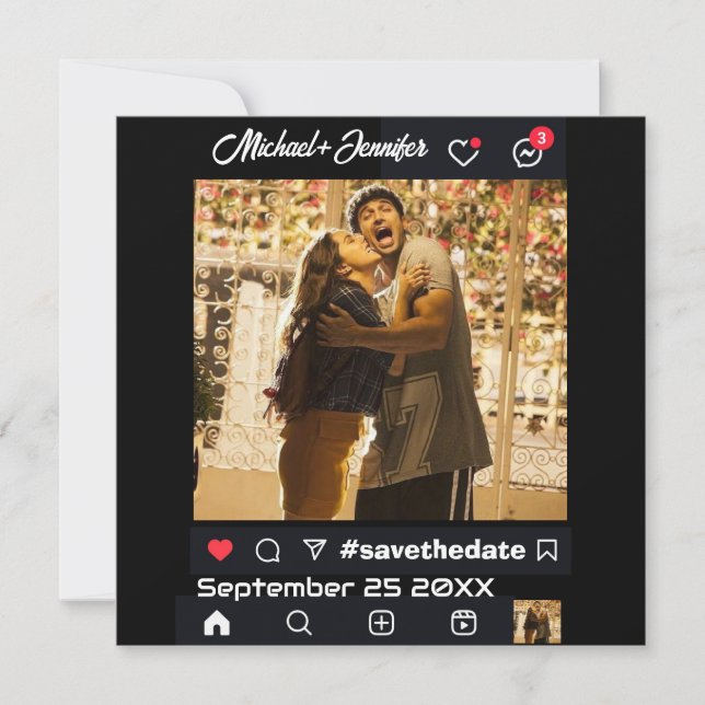 Moderne Social Media als maßgeschneiderte Hochzeit Save The Date (Vorderseite)