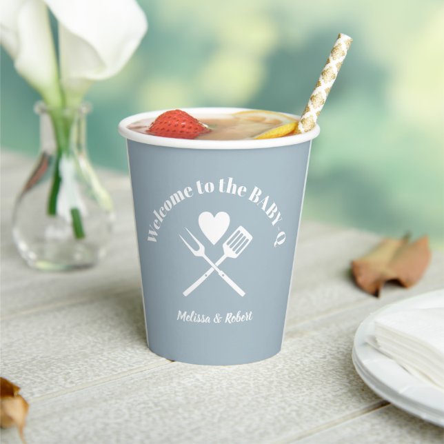 Moderne Solid Blue Boy BABY-Q Baby Shower GRILLEN Pappbecher (In Situ)