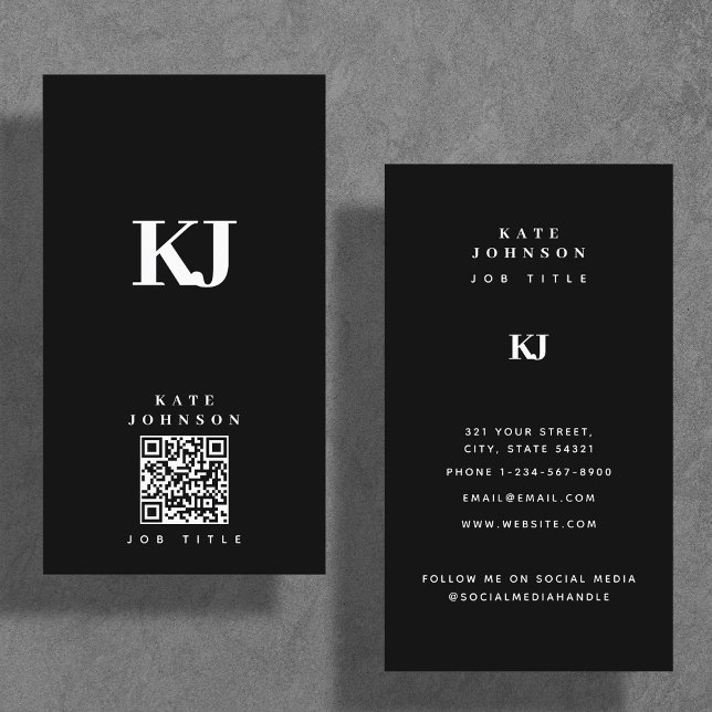 Moderne Solid Monogram Initials QR Code Black Visitenkarte (Von Creator hochgeladen)