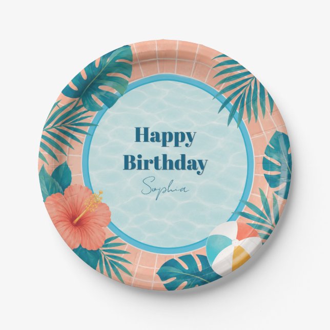 Moderne Sommer-Poolparty-Geburtstagspapierplatten Pappteller (Vorderseite)