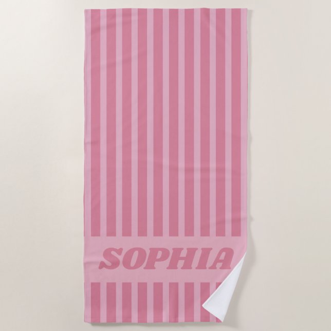 Moderne Sommer Rosa Gestreift Personalisiert Strandtuch (Vorderseite)