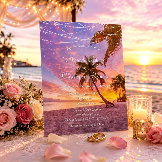 Moderne Sommer Sunset String Lights Beach Hochzeit Einladung (Von Creator hochgeladen)