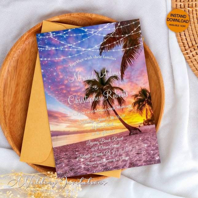 Moderne Sommer Sunset String Lights Beach Hochzeit Einladung (Von Creator hochgeladen)