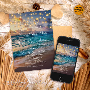 Moderne Sommer Sunset String Lights Beach Hochzeit Einladung