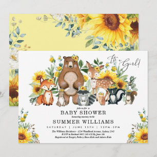 Moderne Sonnenblume Woodland Animals Girl Baby Dus Einladung