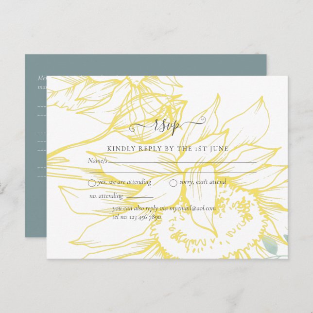 Moderne Sonnenblumen Grüne Sage Gold Hochzeit Postkarte (Vorne/Hinten)