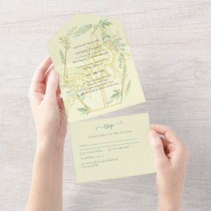 Moderne Sonnenblumen Grünzeug Sage Gold Hochzeit All In One Einladung