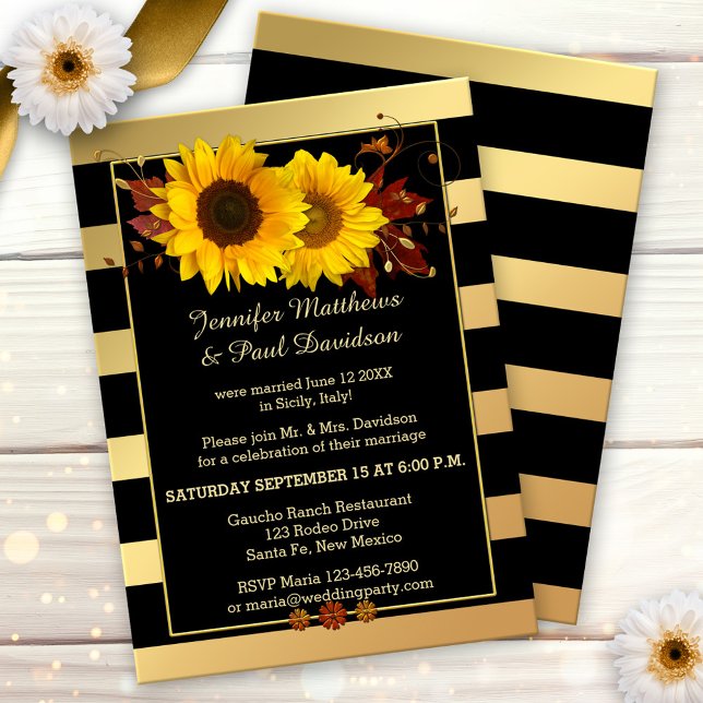 Moderne Sonnenblumen Post Hochzeitsfeier Einladung (Chic gold black striped after wedding invitation with sunflowers)