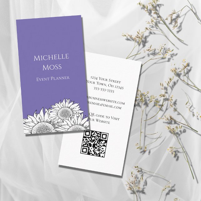 Moderne Sonnenblumen QR-Code Boho Floral Lila Visitenkarte (Von Creator hochgeladen)