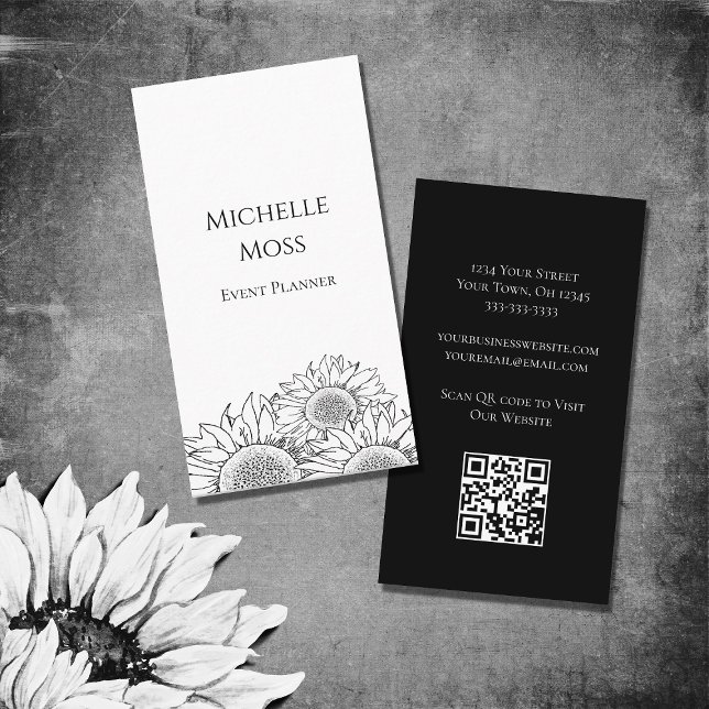 Moderne Sonnenblumen Schwarz-weißer QR-Code Boho Visitenkarte (Von Creator hochgeladen)