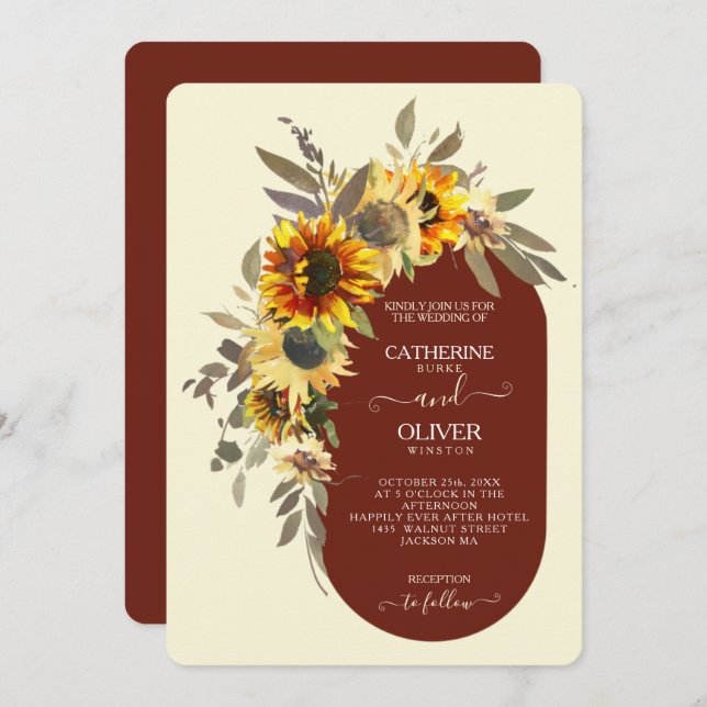 Moderne Sonnenblumenbraun-Gelbe Creme-Hochzeit im  Einladung (Vorne/Hinten)
