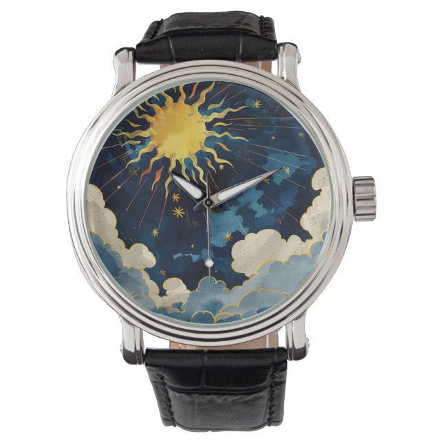 Moderne Sonnenstrahlen und blaue Wolken Armbanduhr (Vorderseite)