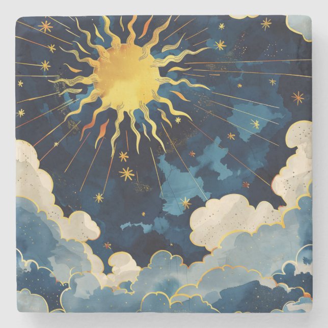 Moderne Sonnenstrahlen und blaue Wolken Steinuntersetzer (Vorderseite)