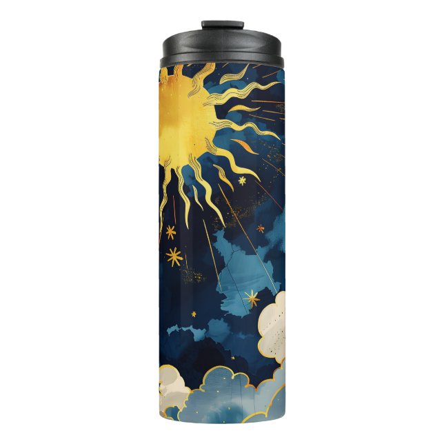 Moderne Sonnenstrahlen und blaue Wolken Thermosbecher (Vorderseite)